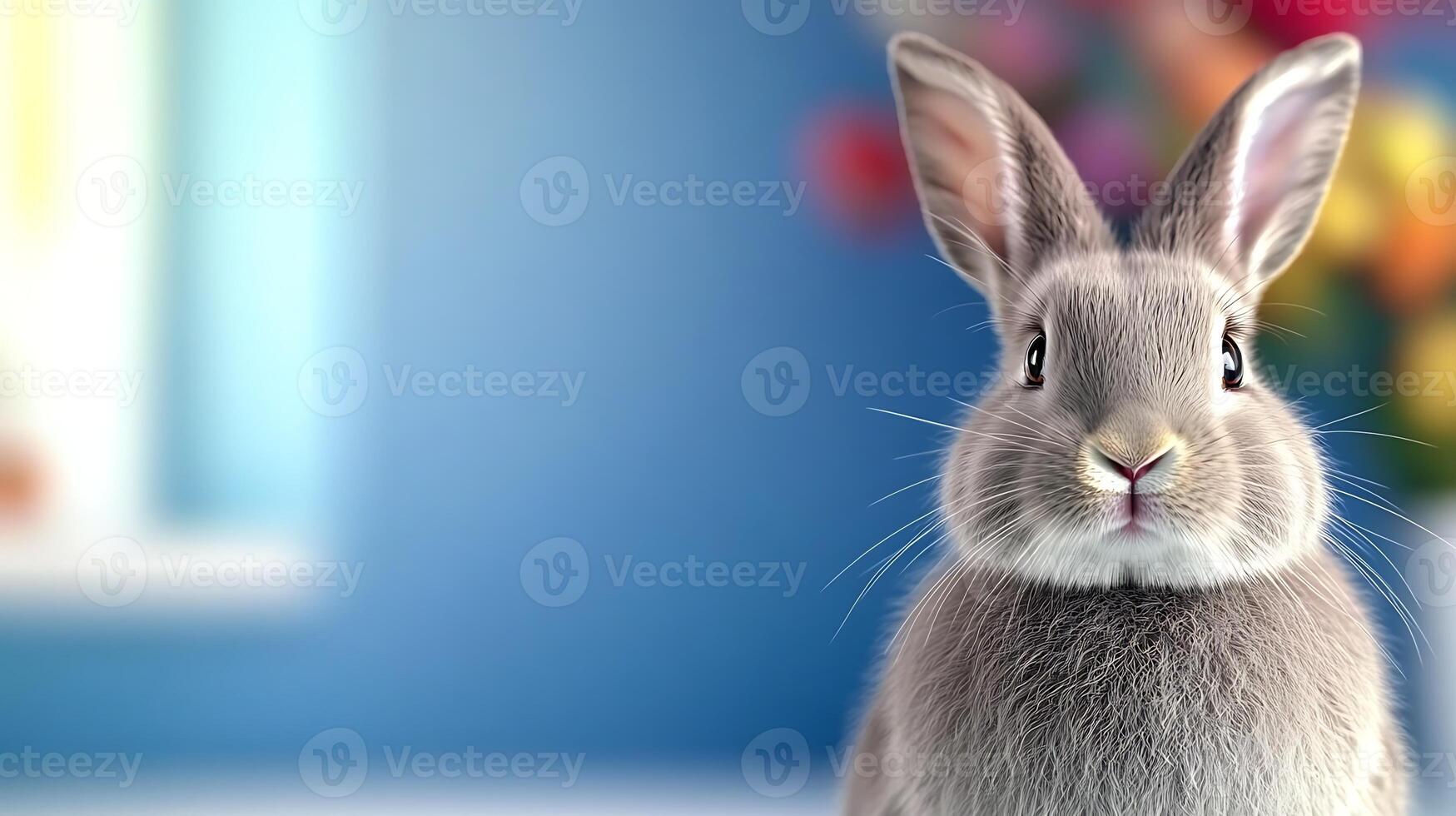 A cute gray rabbit looking directly at the camera in a colorful, festive room with balloons photo