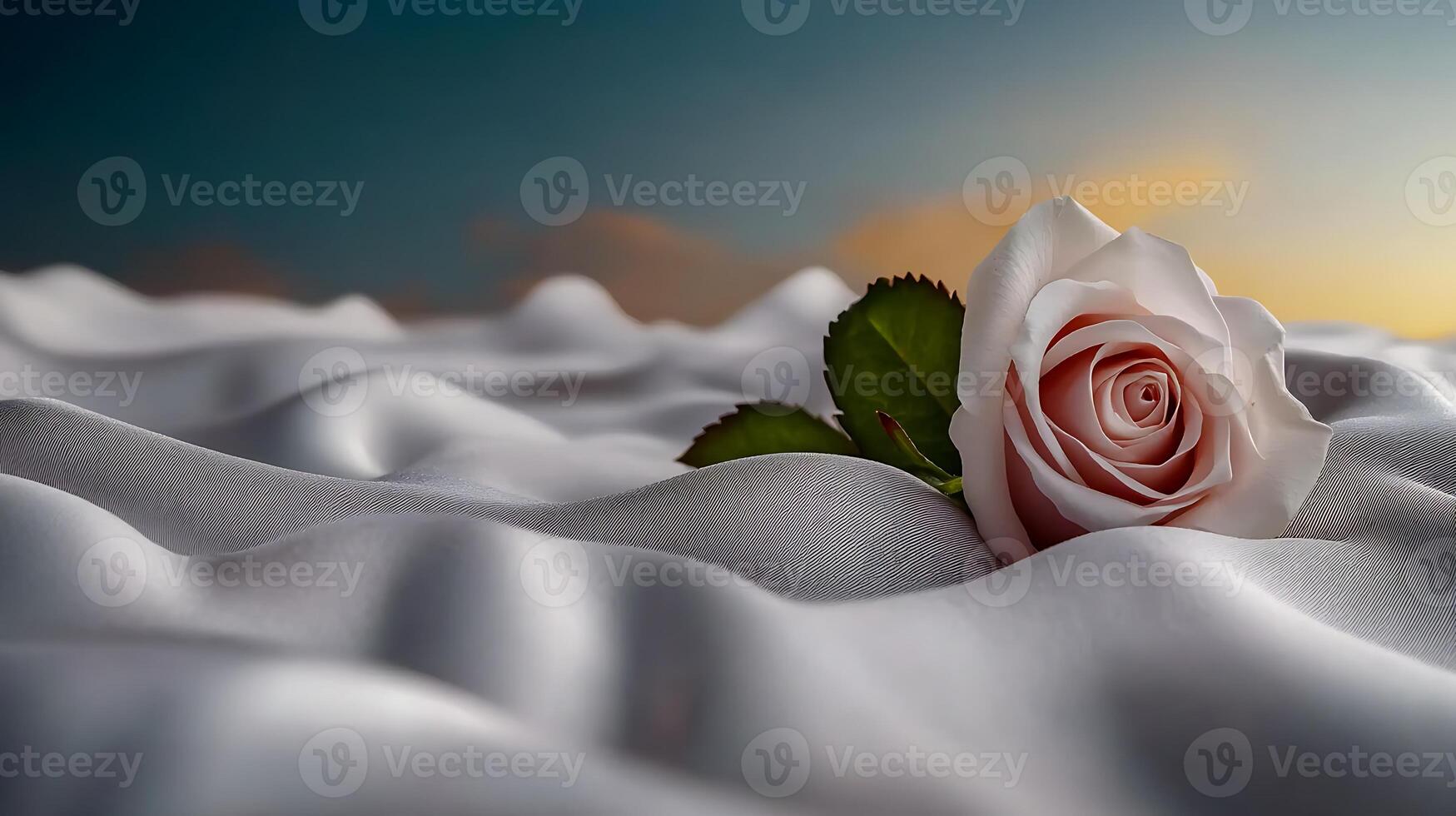 A delicate pink rose resting on soft white fabric with a serene sunset background photo