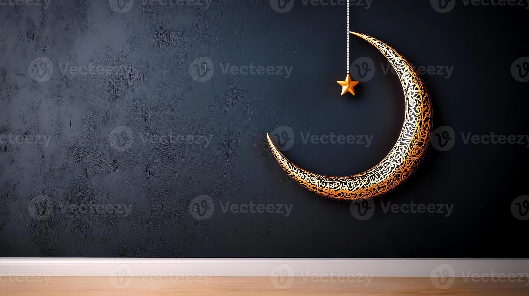 A decorative crescent moon and star hanging against a dark wall, creating a serene ambiance photo
