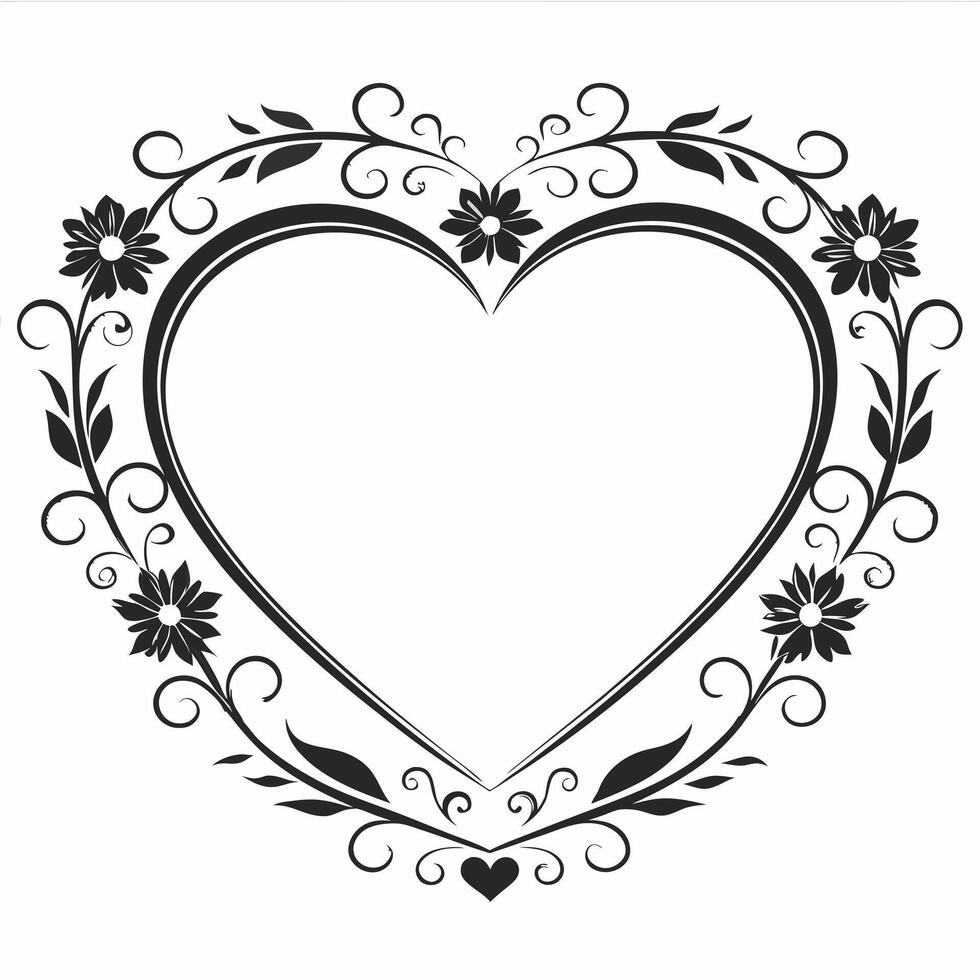 Black and white floral heart shape silhouette elegant flower template vector