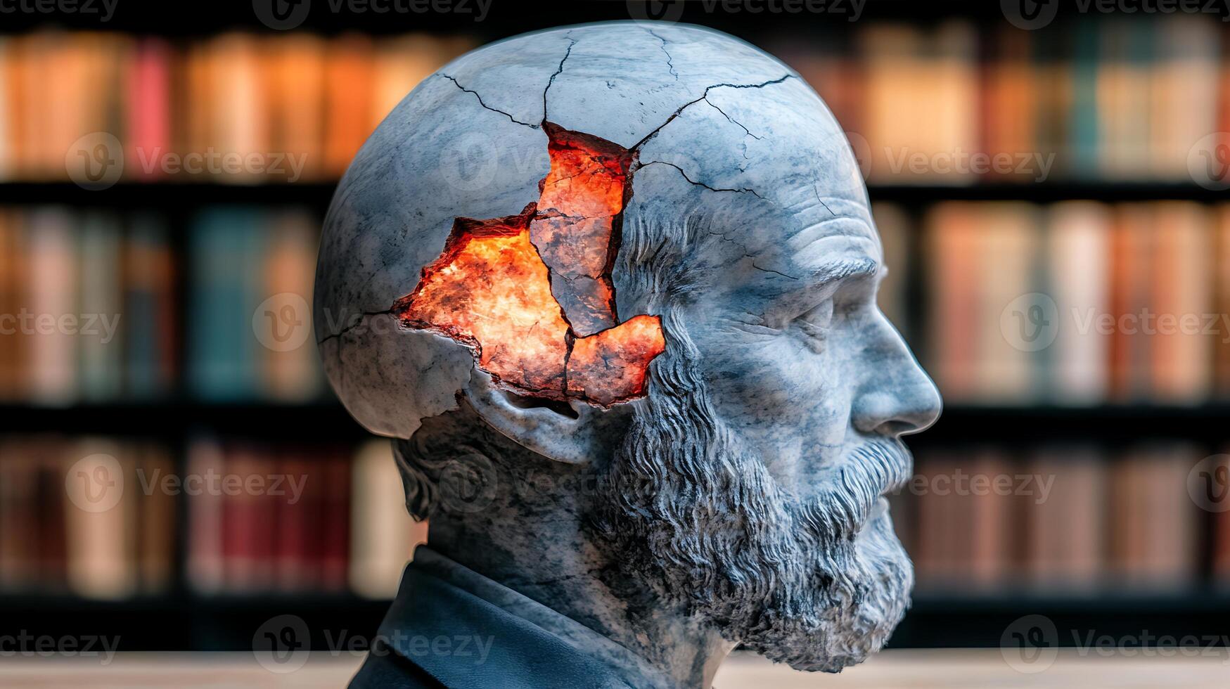 A detailed sculpture of a man head with a cracked surface revealing glowing light, set in a library photo