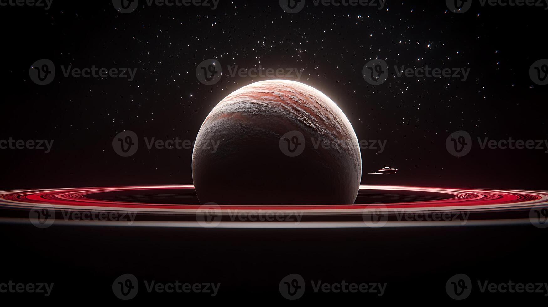 A distant planet with vibrant rings and a spacecraft exploring the cosmic scenery photo