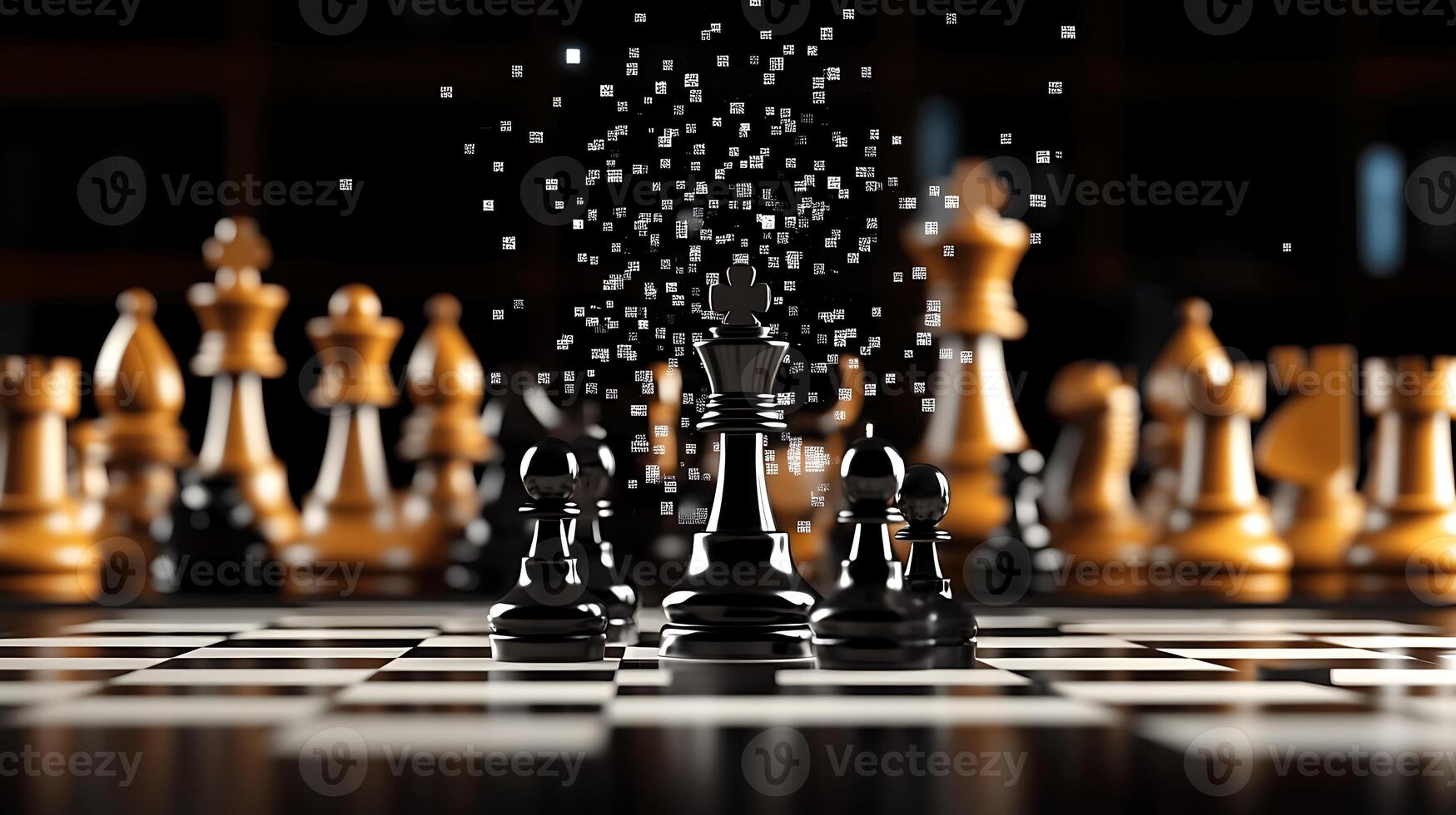 A dramatic chess scene featuring a black king amidst pawns with a blurred background of golden pieces photo