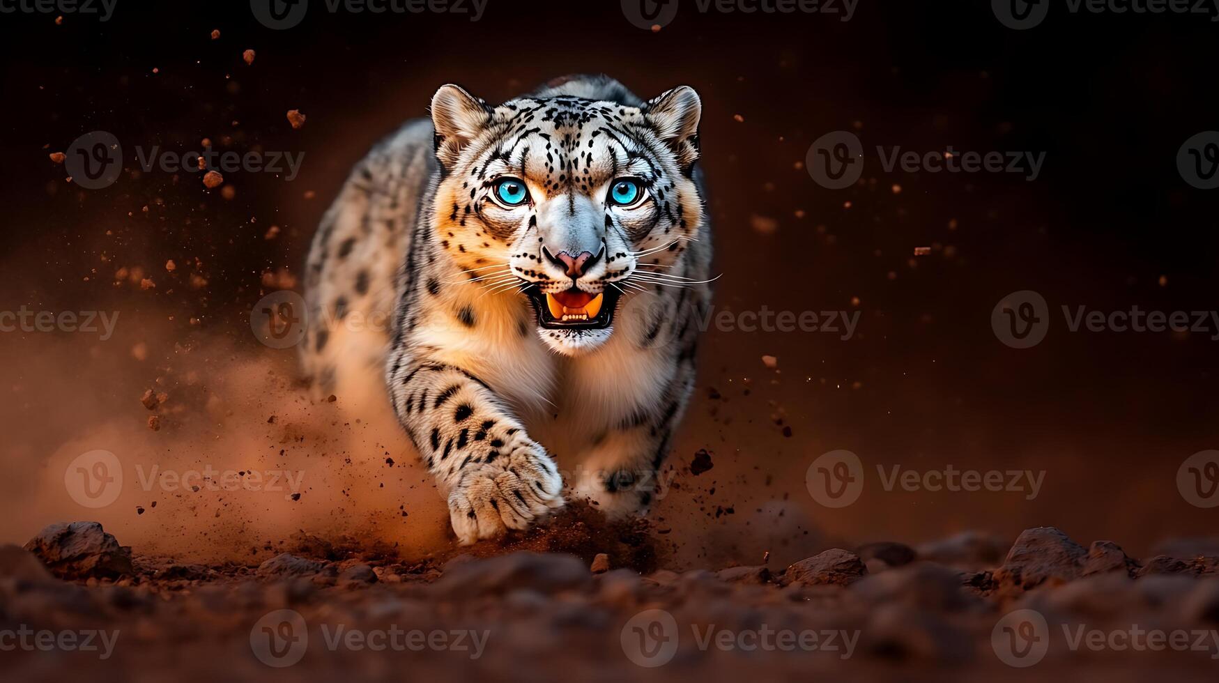 A fierce snow leopard charges through the dusty terrain, showcasing its powerful build and striking blue eyes, with a blurred background highlighting the motion and energy of the moment photo