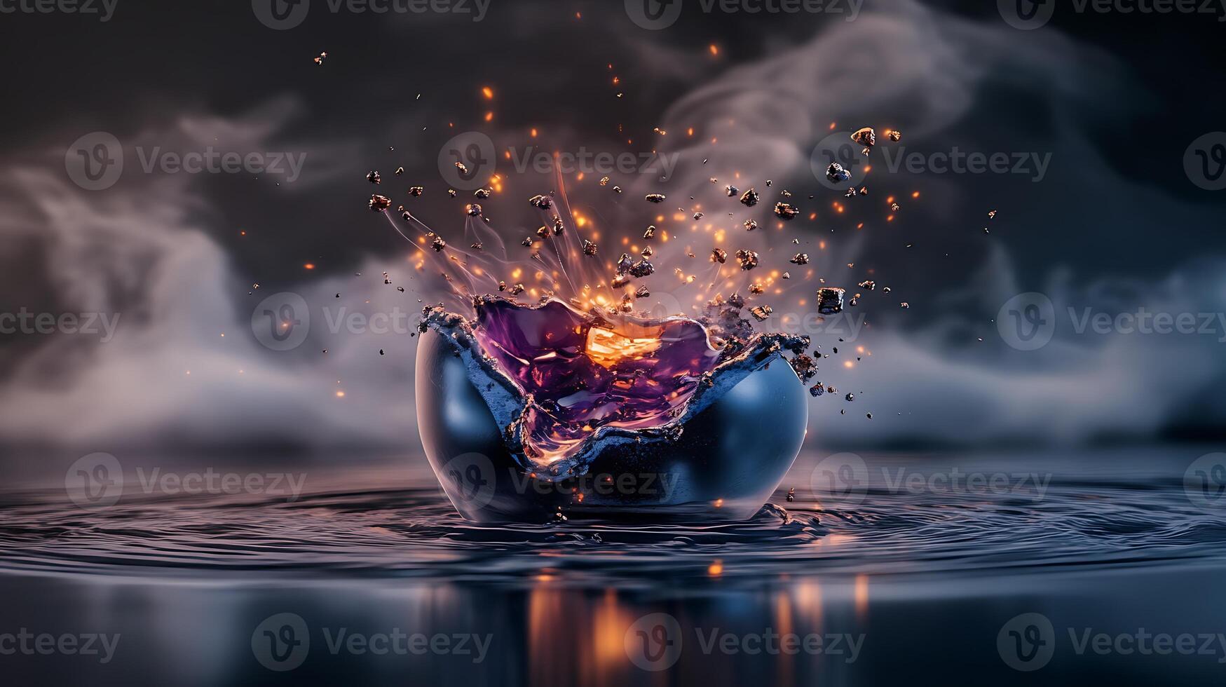 A dramatic splash of vibrant liquid in a dark environment with smoke and glowing particles photo