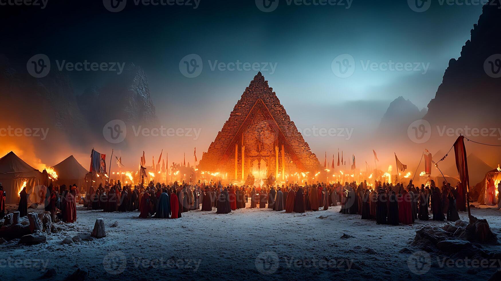 A dramatic evening gathering at a pyramid-like structure surrounded by a snowy landscape and torches photo