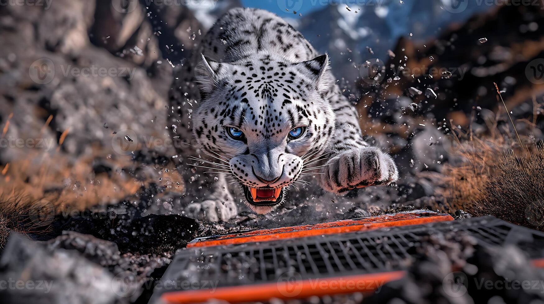 A fierce snow leopard lunges towards a trap in a mountainous landscape, showcasing its agility photo
