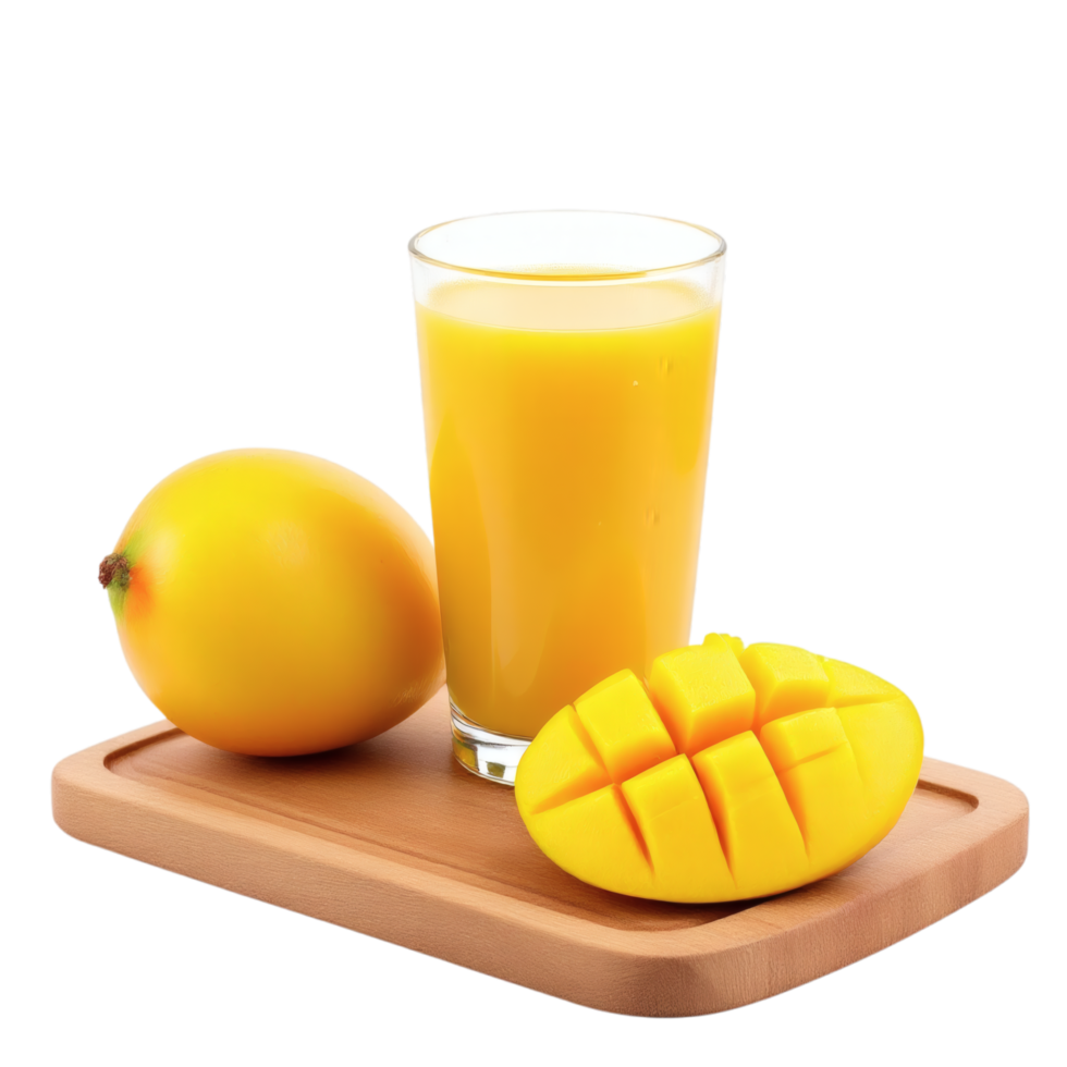 Mango juice and half of a mango on a wooden tray png