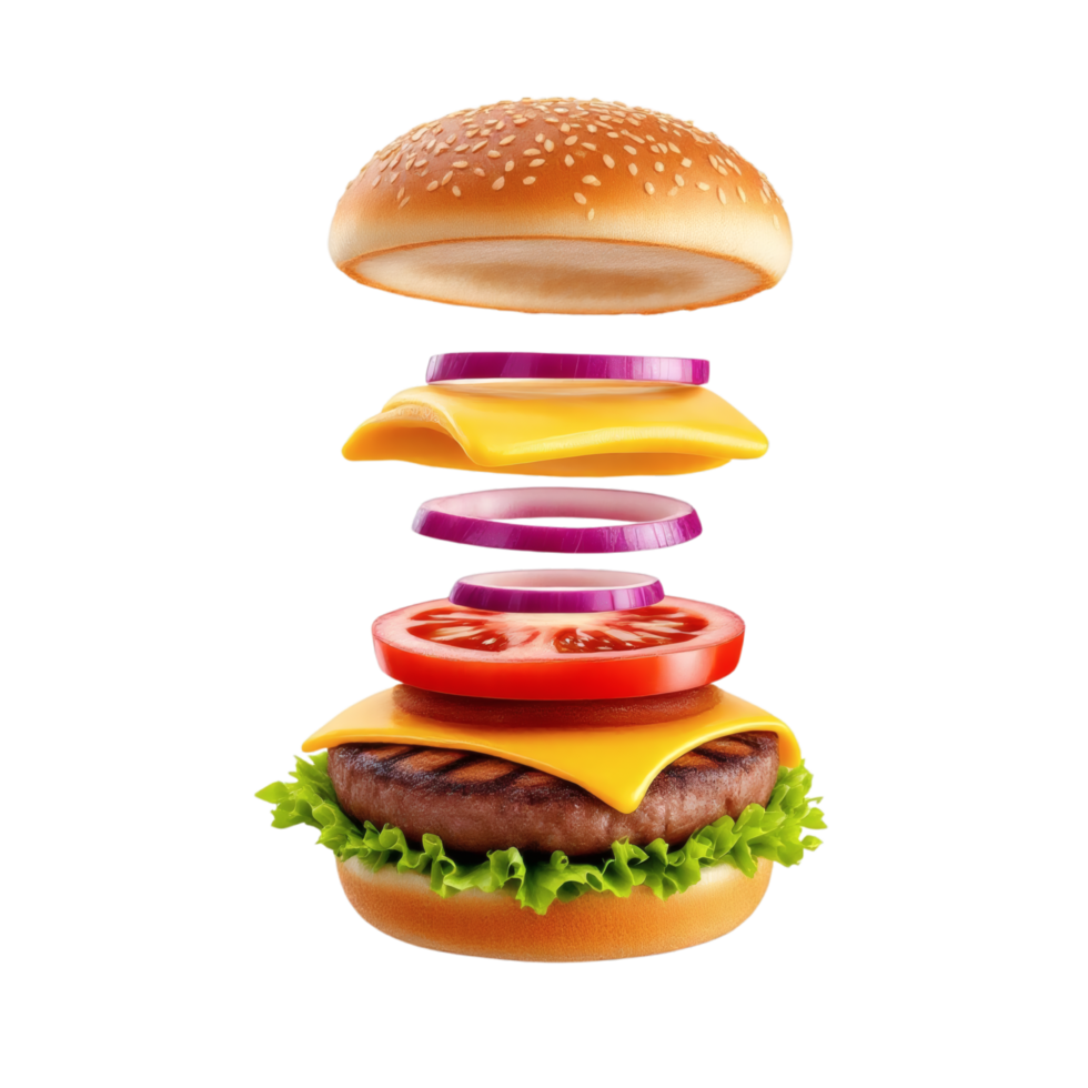 A hamburger with cheese, tomatoes and onions png