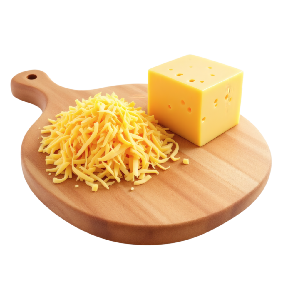 A wooden cutting board with cheese and a cube of cheese png
