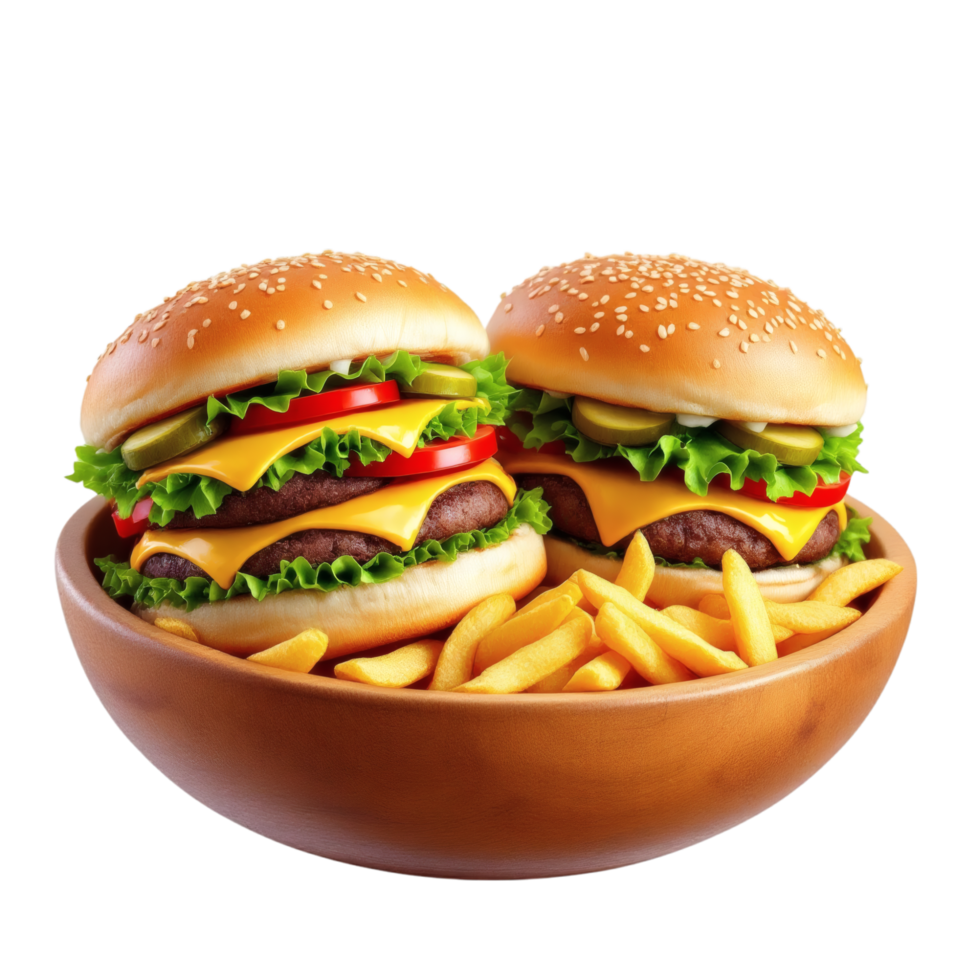 Two hamburgers and french fries in a bowl png