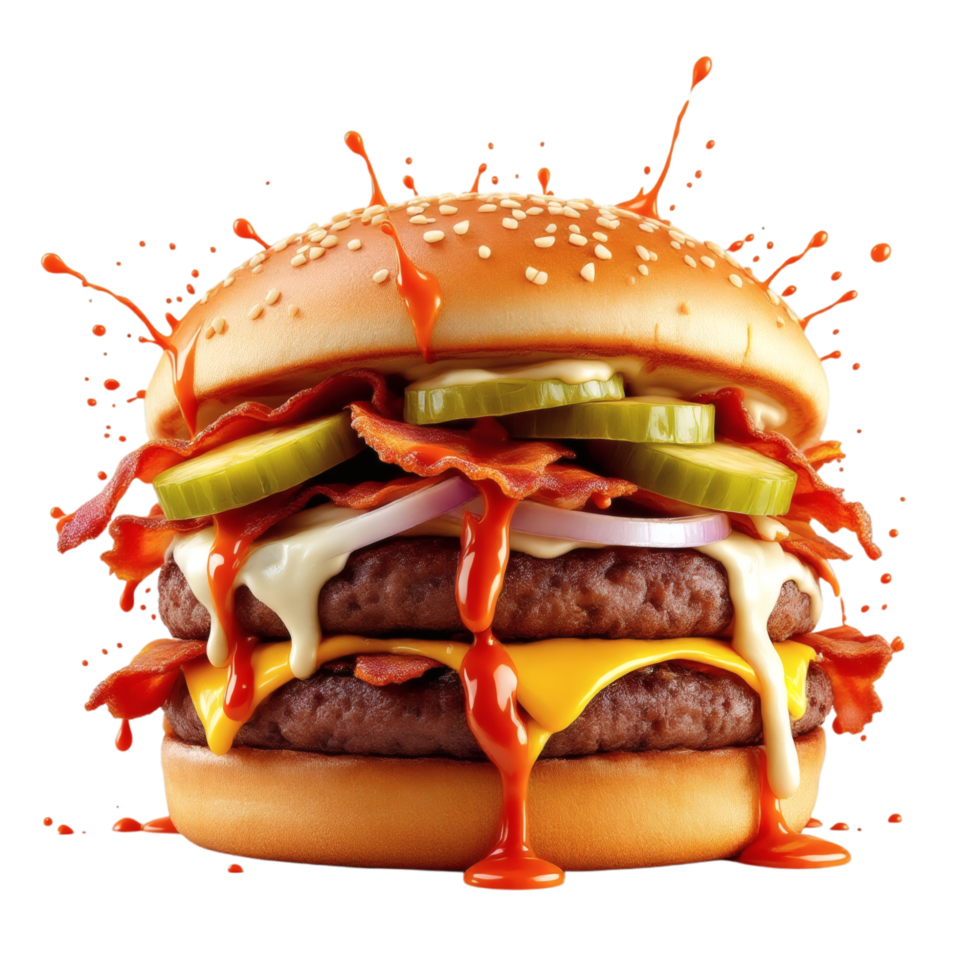 A large hamburger with bacon, cheese and pickles png