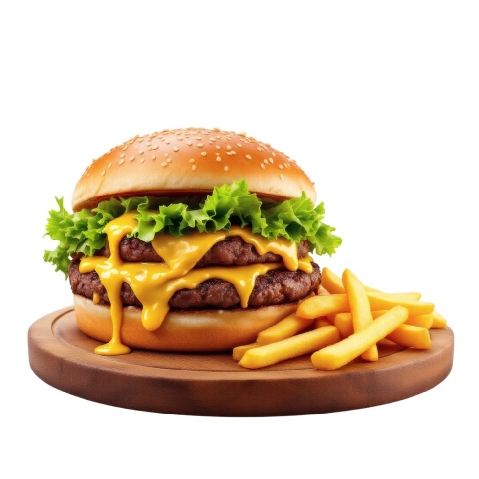 A cheeseburger and french fries on a wooden board png