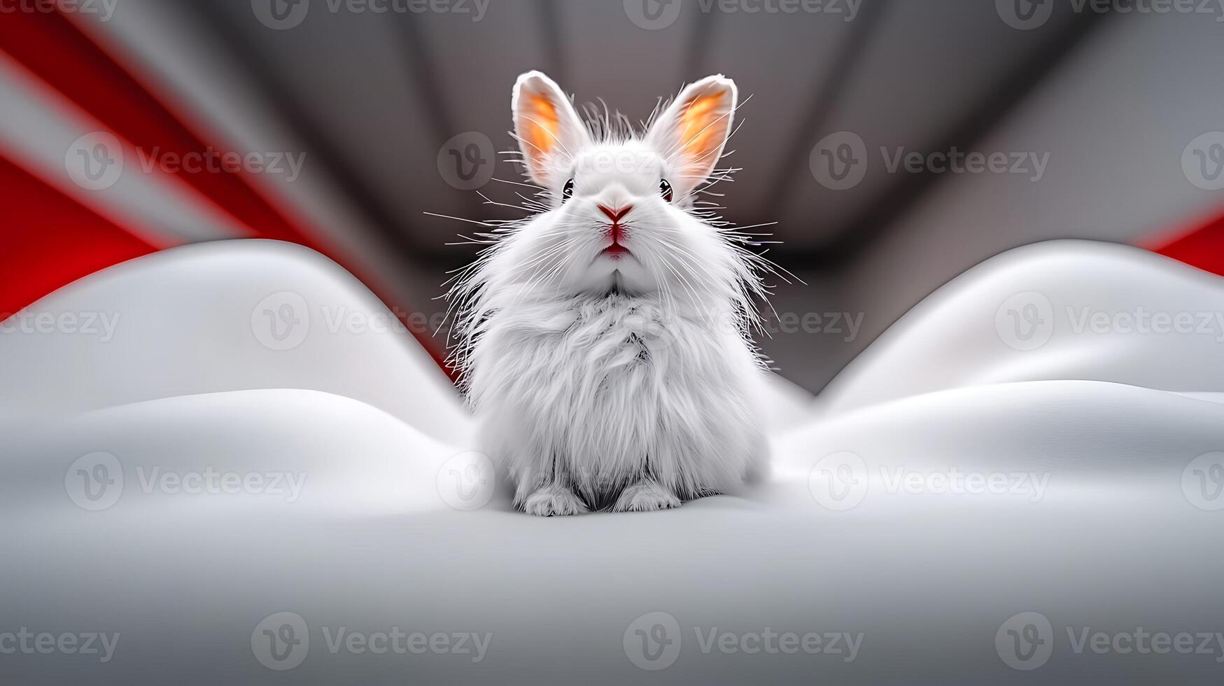A fluffy white rabbit sitting on a smooth surface with a colorful abstract background photo