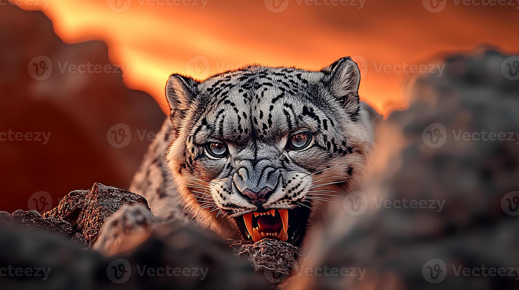 A fierce snow leopard snarling amidst rocky terrain at sunset, showcasing its powerful presence photo
