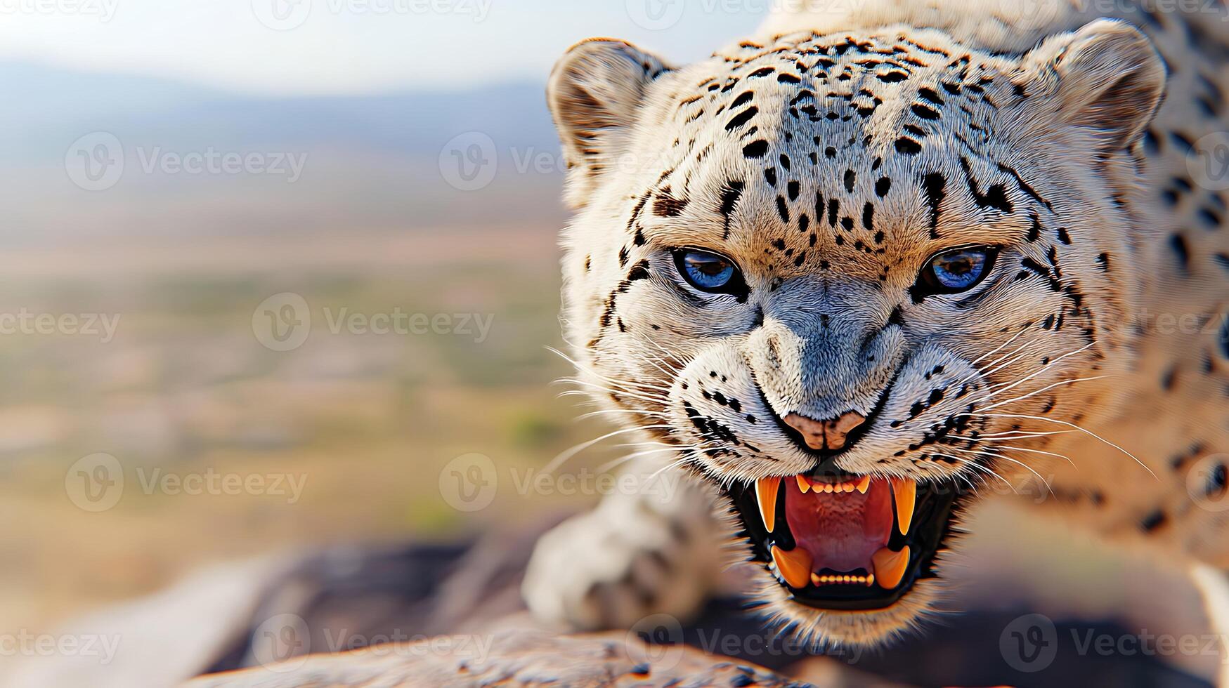 A fierce snow leopard snarling while prowling on a rocky outcrop in a vast, sunlit landscape photo