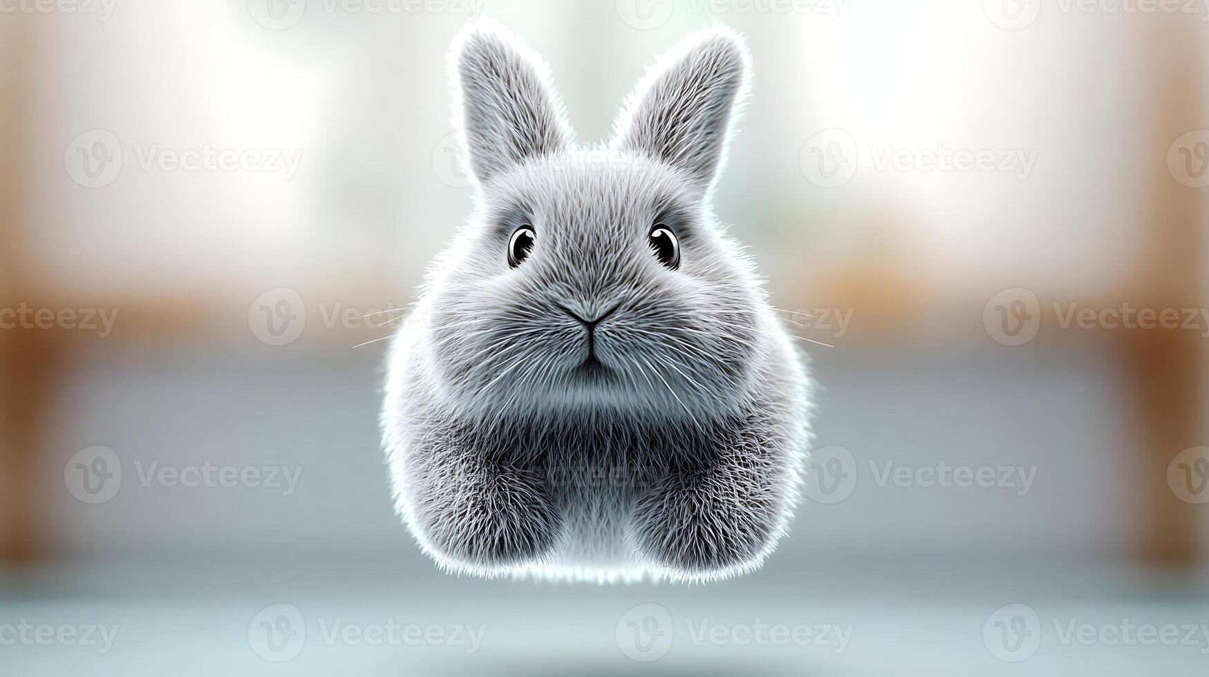A fluffy gray rabbit floating in mid-air, with a blurred home interior in the background photo