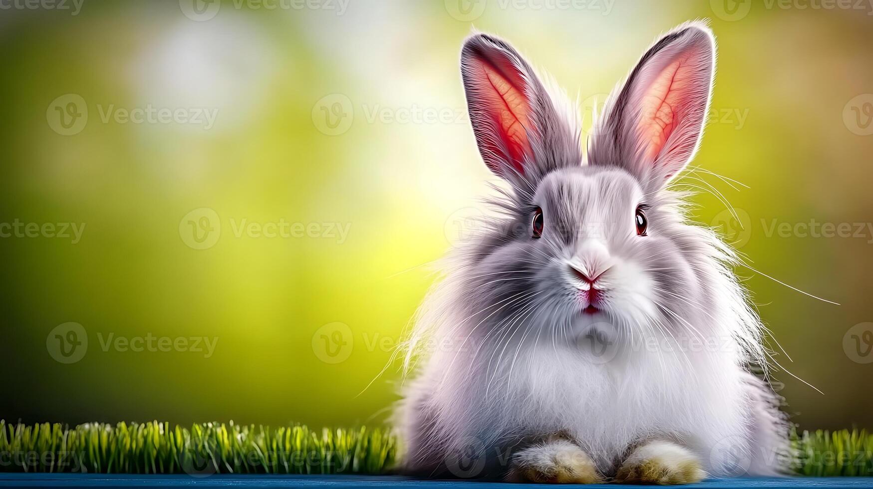 A fluffy gray rabbit with long ears sits on vibrant green grass in a serene, blurred background photo