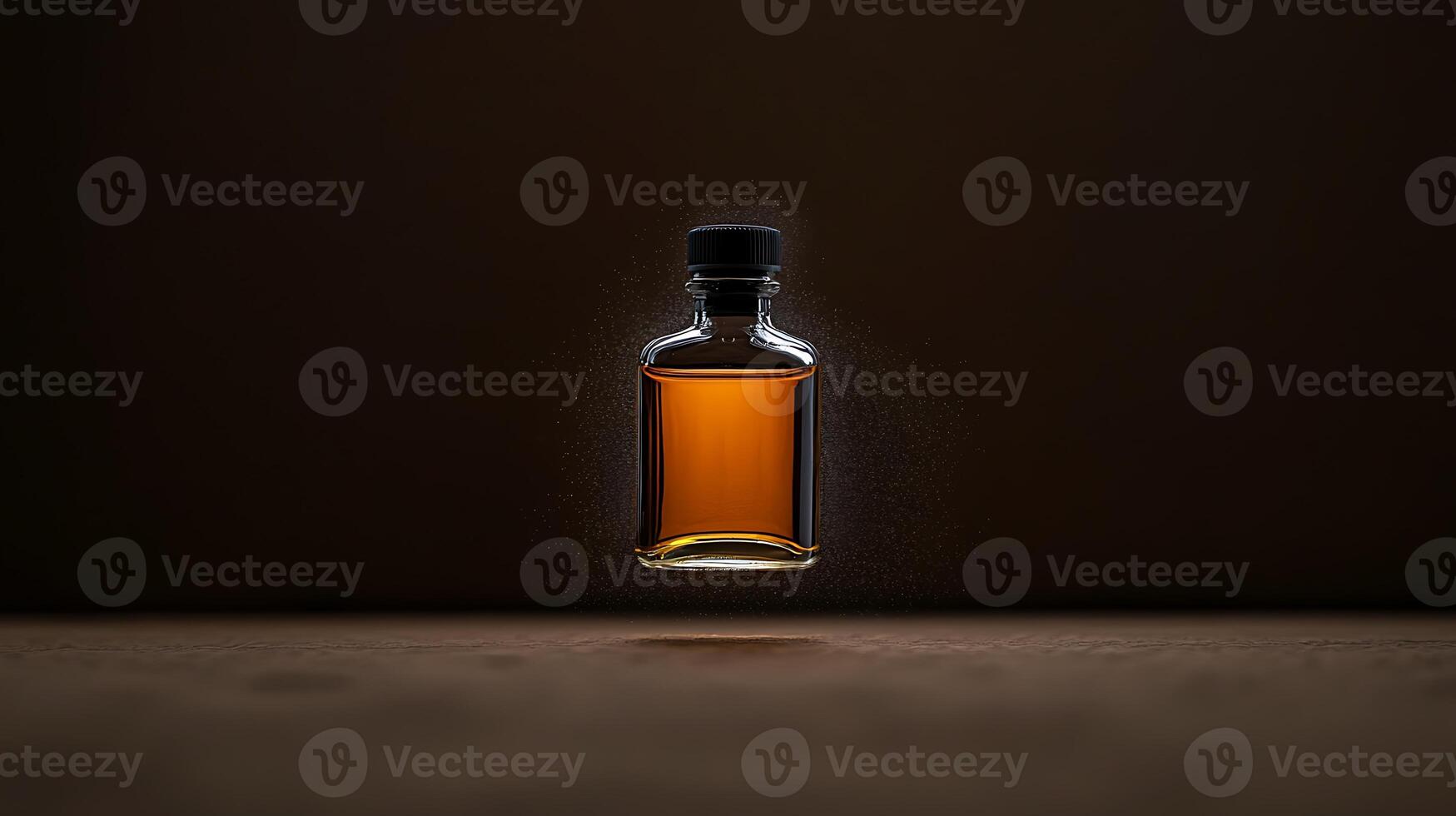 A floating glass bottle filled with amber liquid against a dark background, showcasing elegance photo