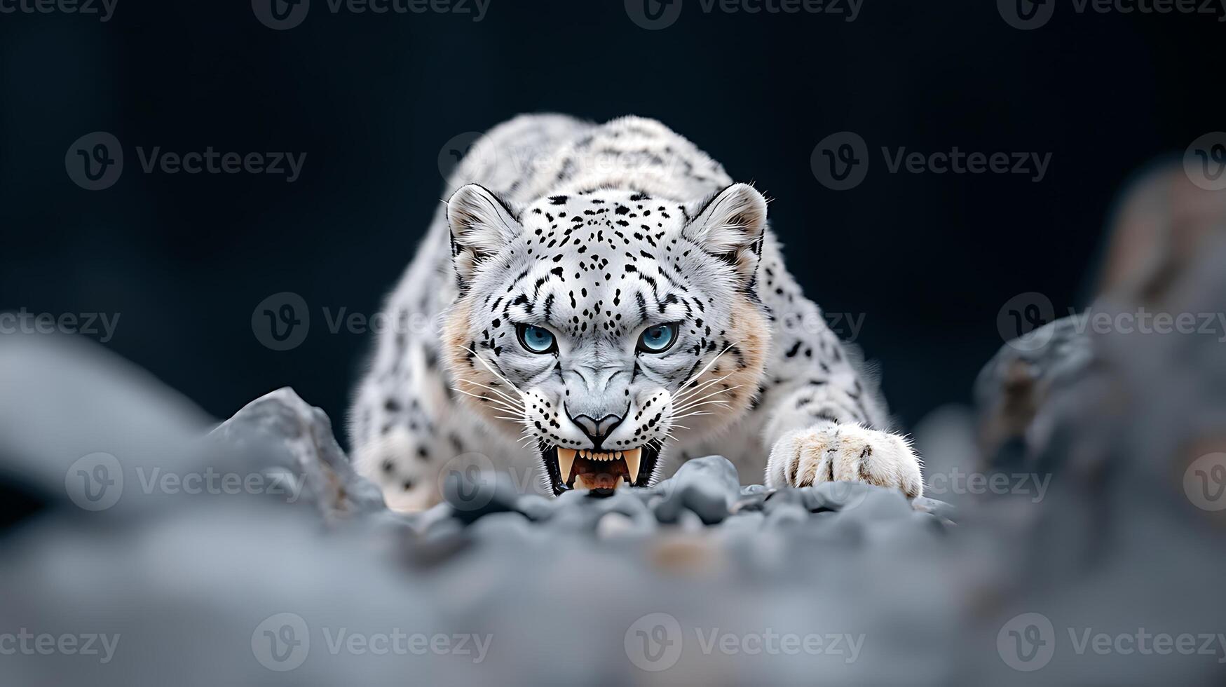A fierce snow leopard prowling through rocky terrain, showcasing its striking blue eyes and intense expression photo