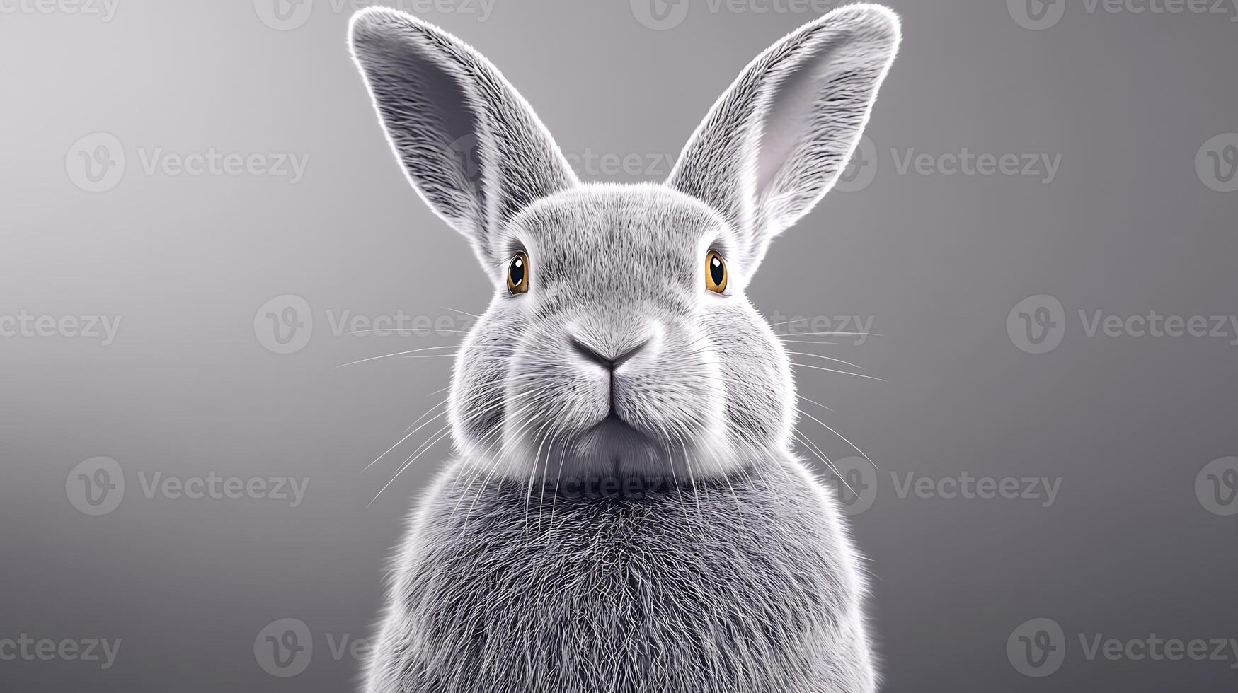 A fluffy gray rabbit with bright eyes poses against a soft gradient background, showcasing its features photo