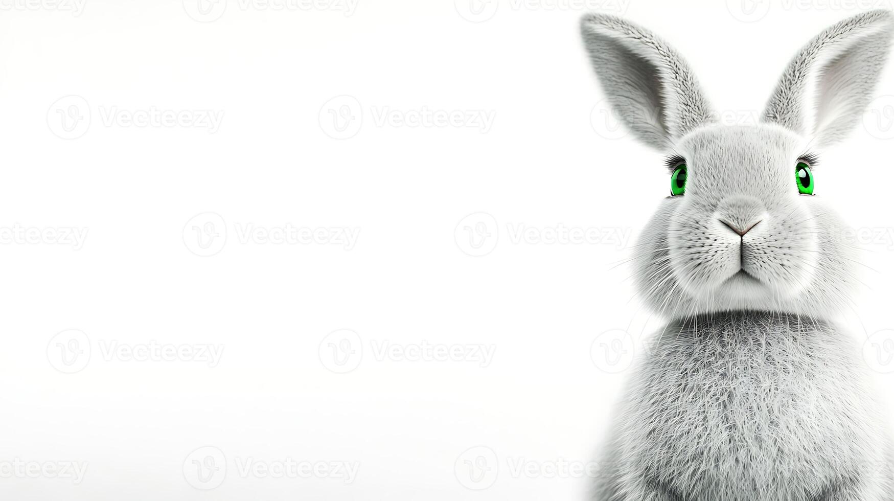 A fluffy white rabbit with vibrant green eyes, standing against a plain background, exuding charm photo