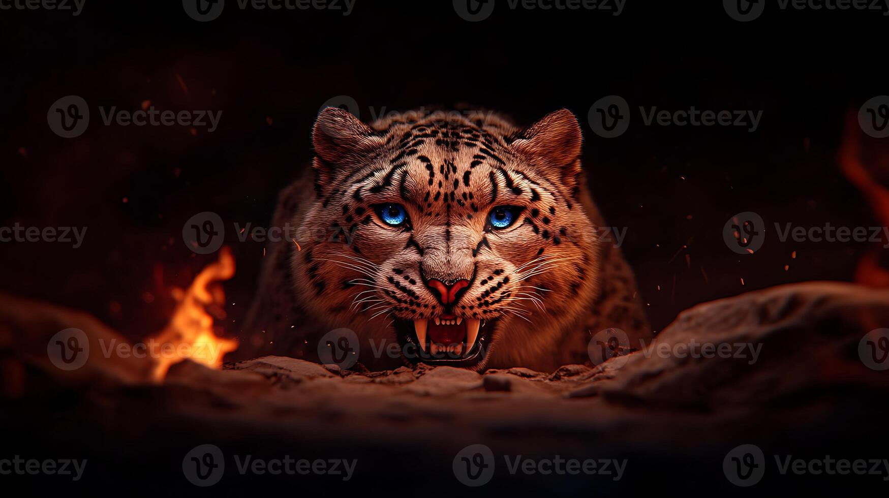 A fierce snow leopard with striking blue eyes prowls through a dark, fiery landscape photo