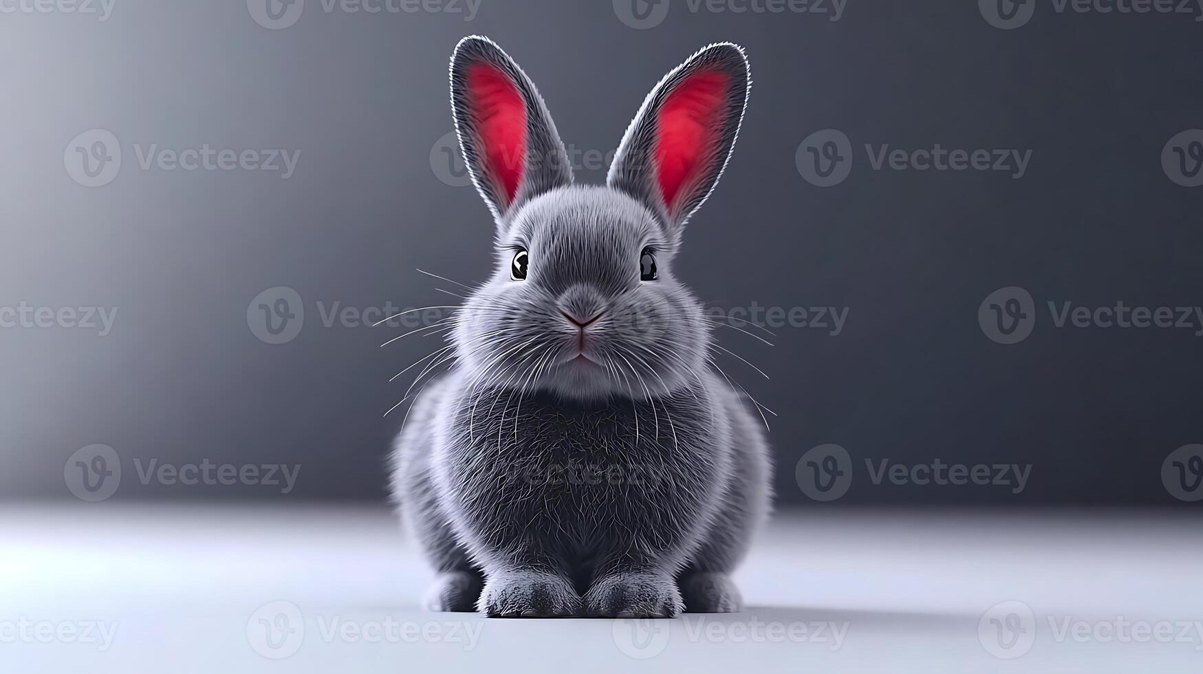 A fluffy gray rabbit with red-tipped ears sitting on a smooth surface, against a soft gradient background photo