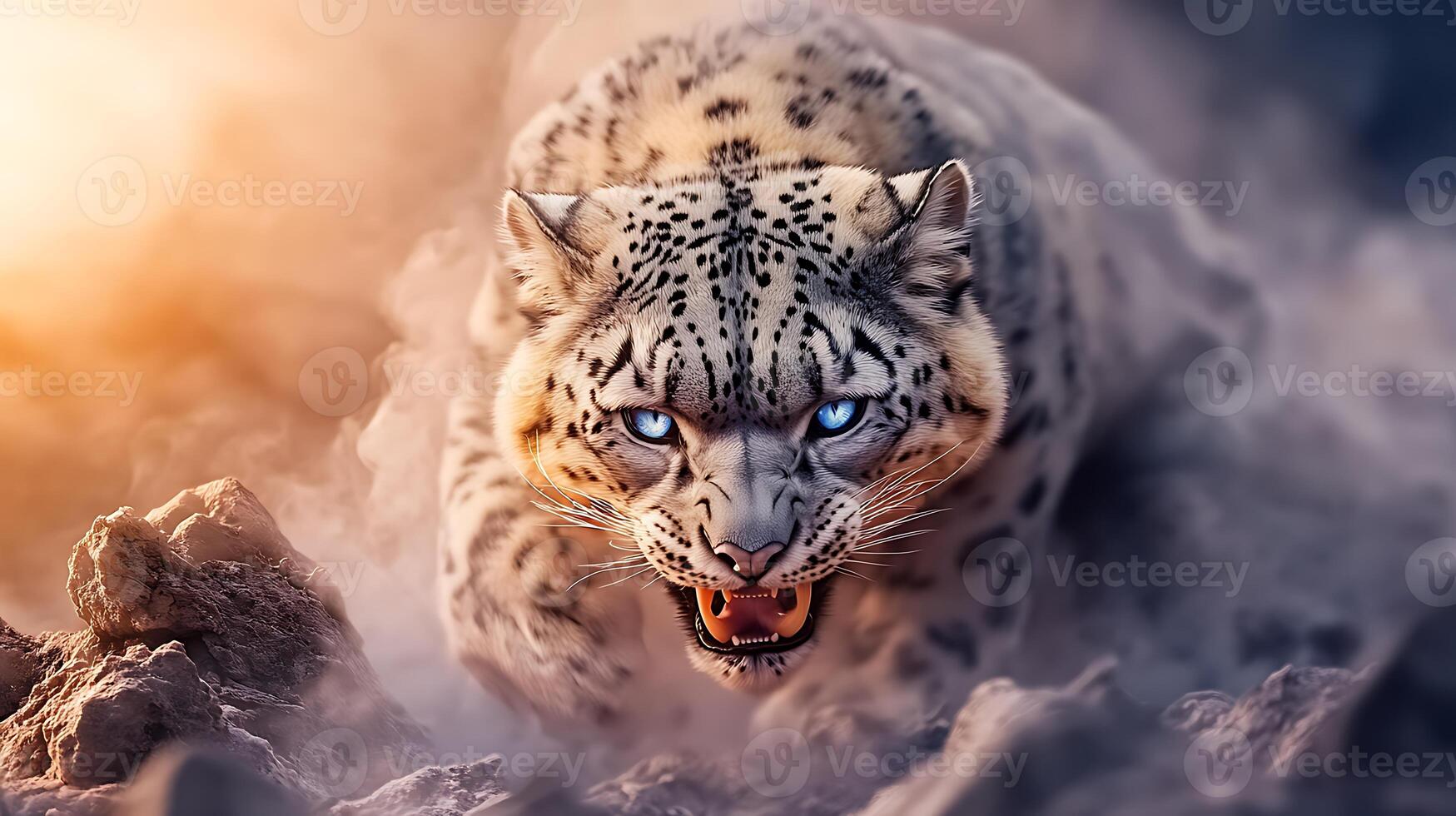 A fierce snow leopard prowls through a misty landscape at sunset, showcasing its raw power and beauty photo