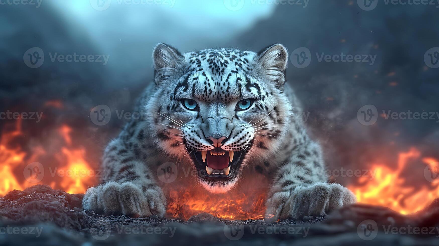 A fierce snow leopard snarling amidst a fiery volcanic landscape, showcasing its power and agility photo