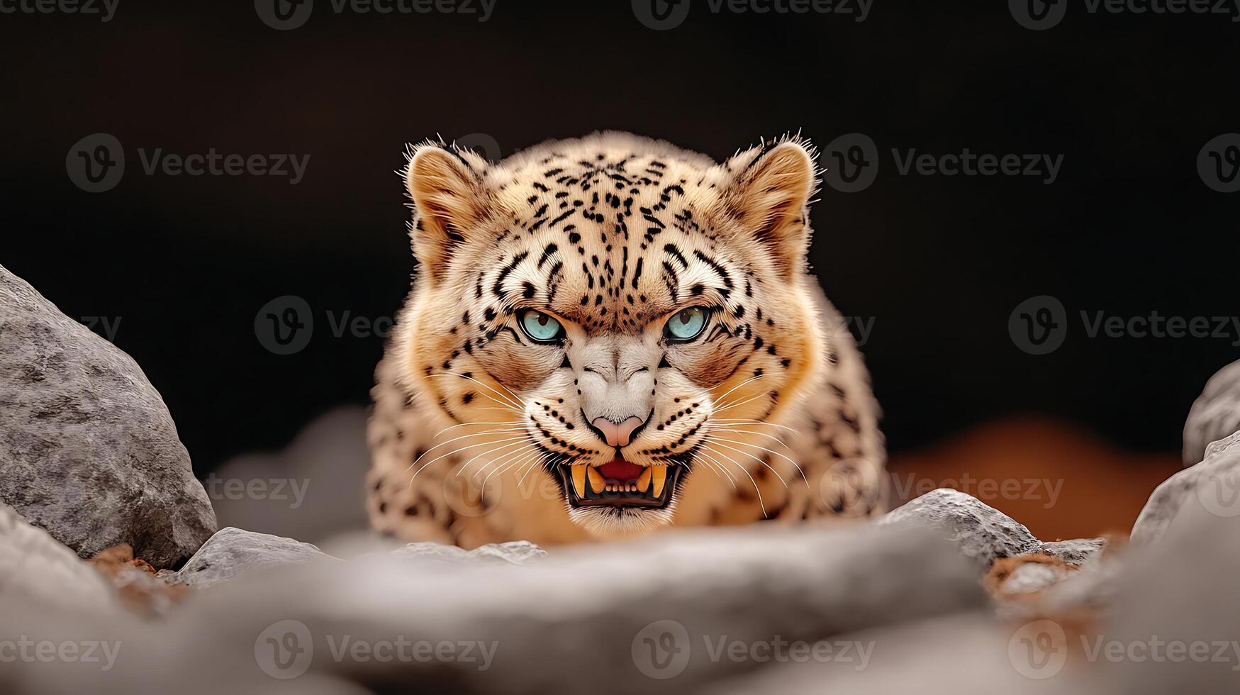 A fierce snow leopard prowling through rocky terrain, showcasing its striking blue eyes and powerful stance photo