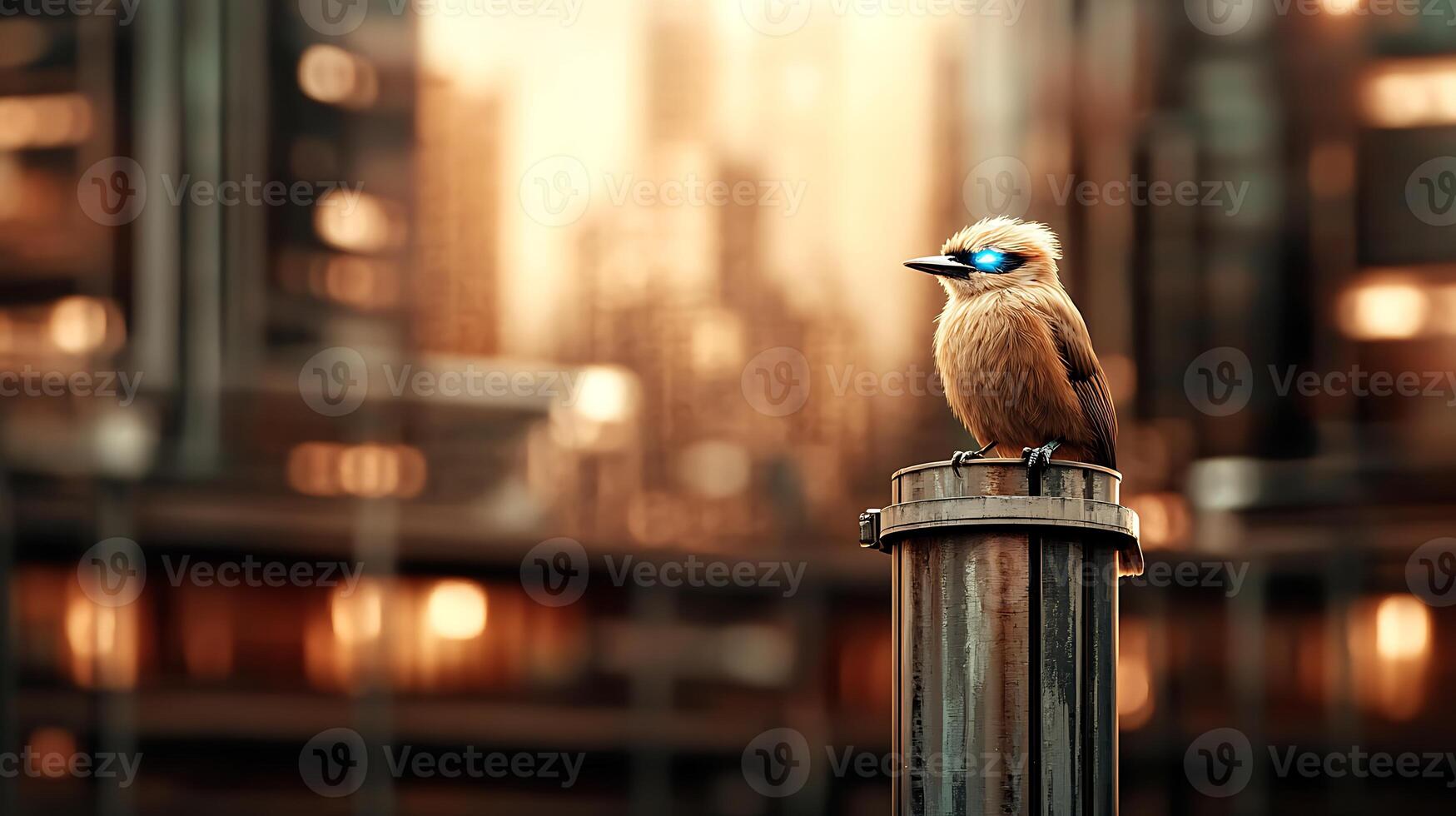 A futuristic bird perched on a post with a glowing blue eye against a vibrant cityscape backdrop photo