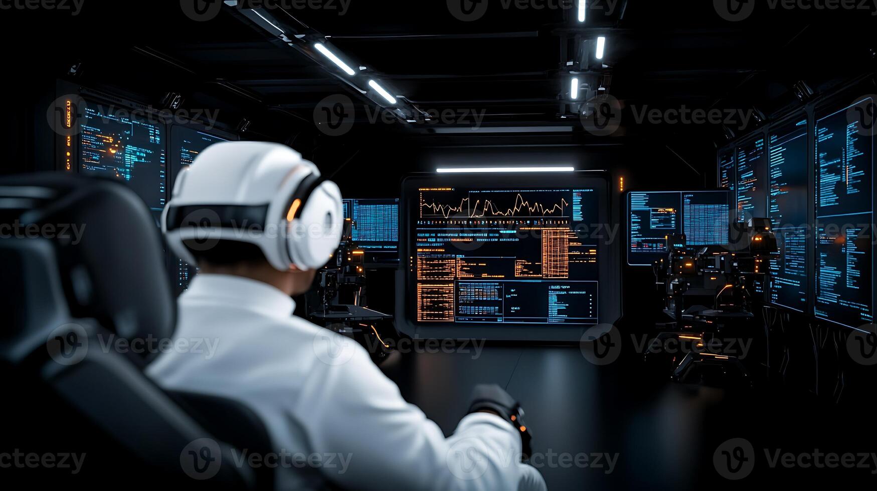 A focused individual in a high-tech control room analyzing data on multiple screens at night photo