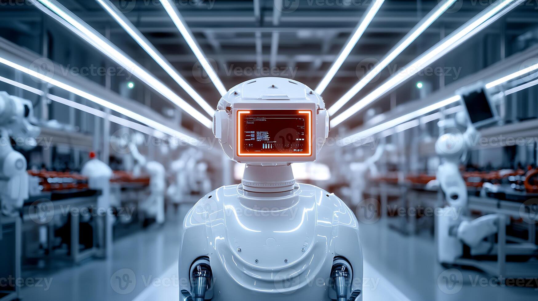 A futuristic robotic assembly line with humanoid robots working in a high-tech factory setting photo