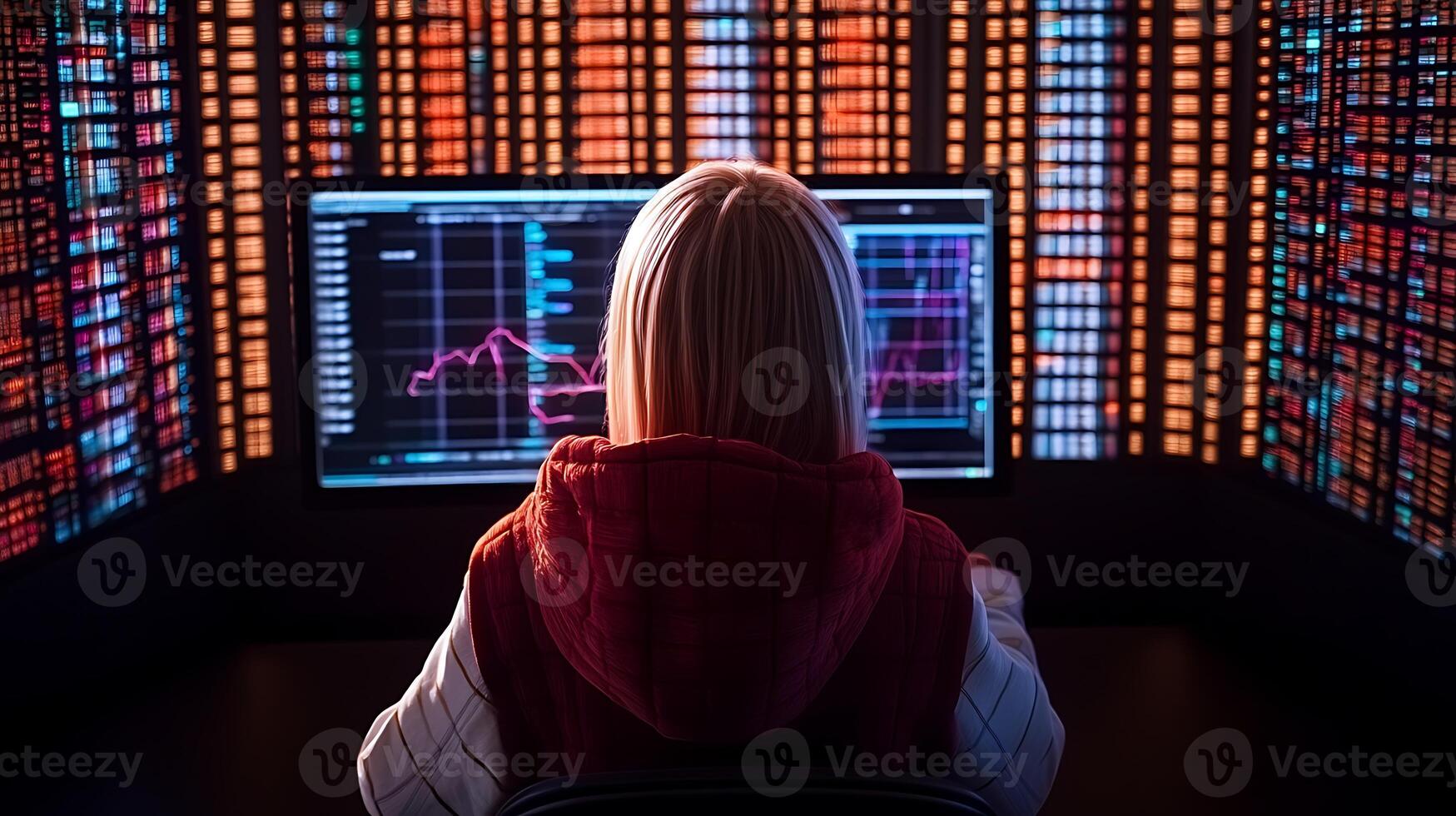 A focused individual analyzing stock market data on multiple screens in a vibrant, tech-driven environment photo