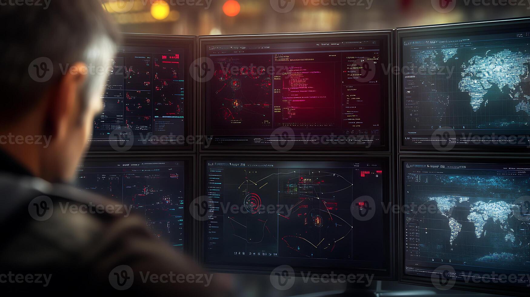 A focused individual analyzing multiple screens displaying data and maps in a high-tech control room photo