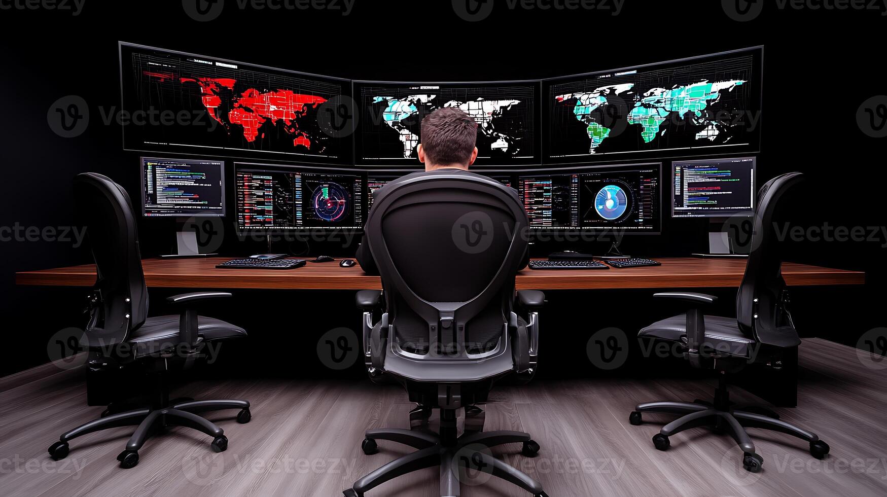 A focused individual monitoring global data on multiple screens in a high-tech control room photo
