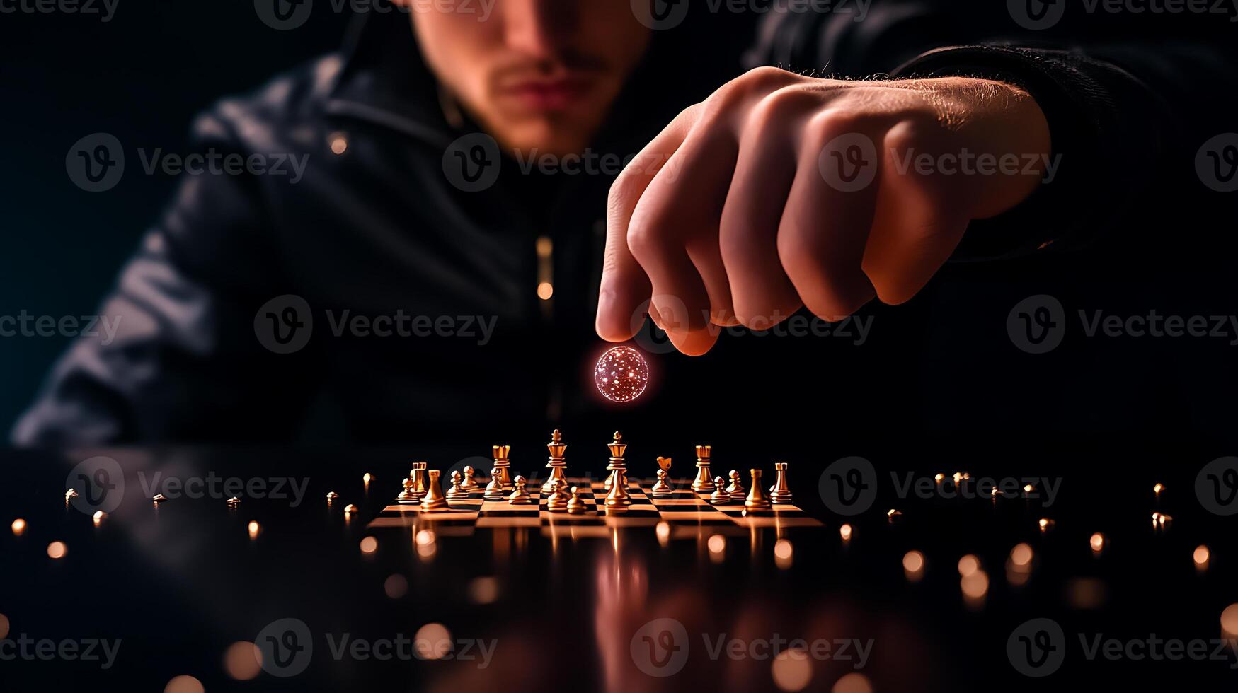A focused player strategically moves a chess piece in a dimly lit setting, surrounded by scattered light photo