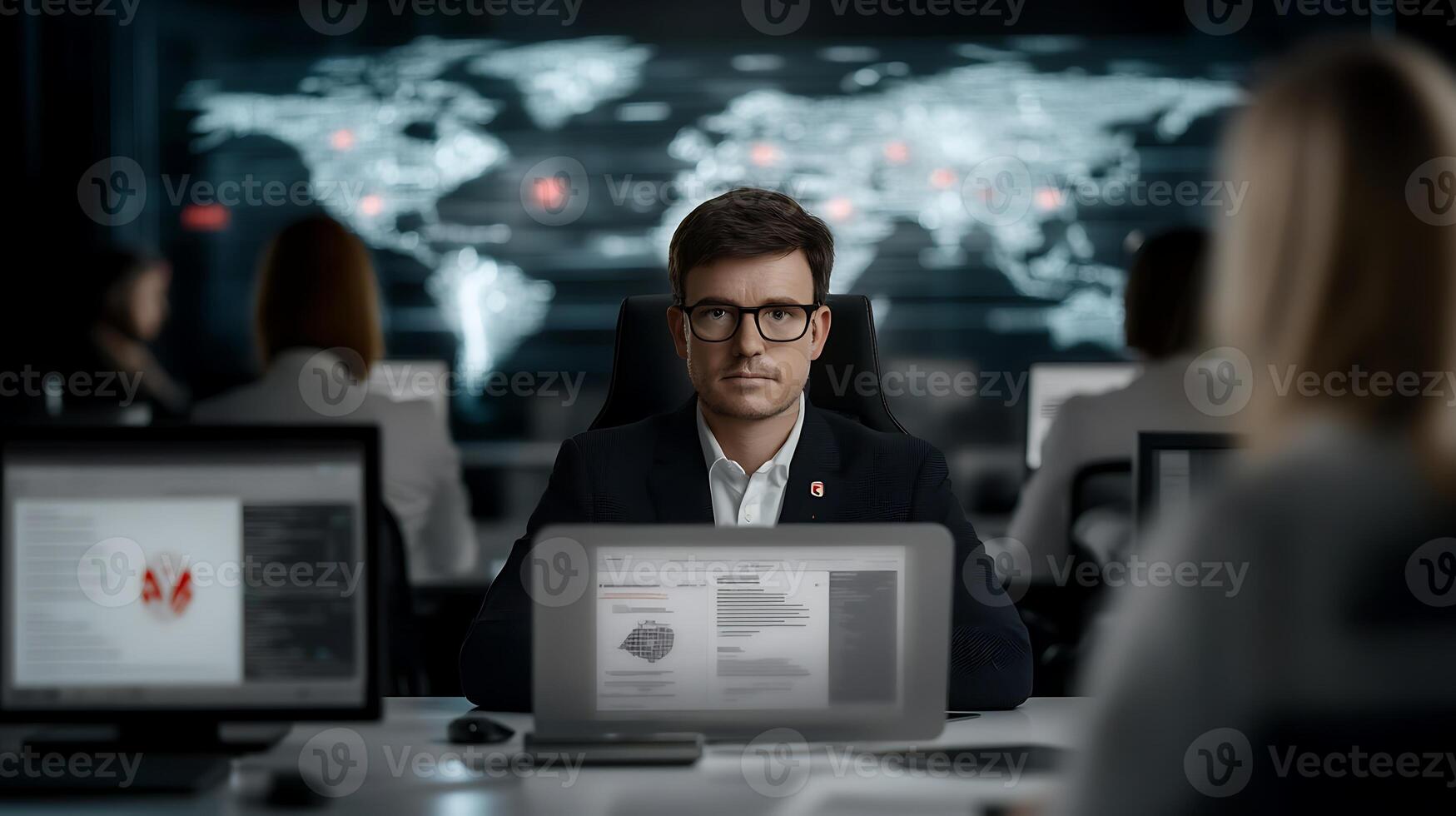 A focused analyst in a high-tech command center monitors global data on multiple screens photo