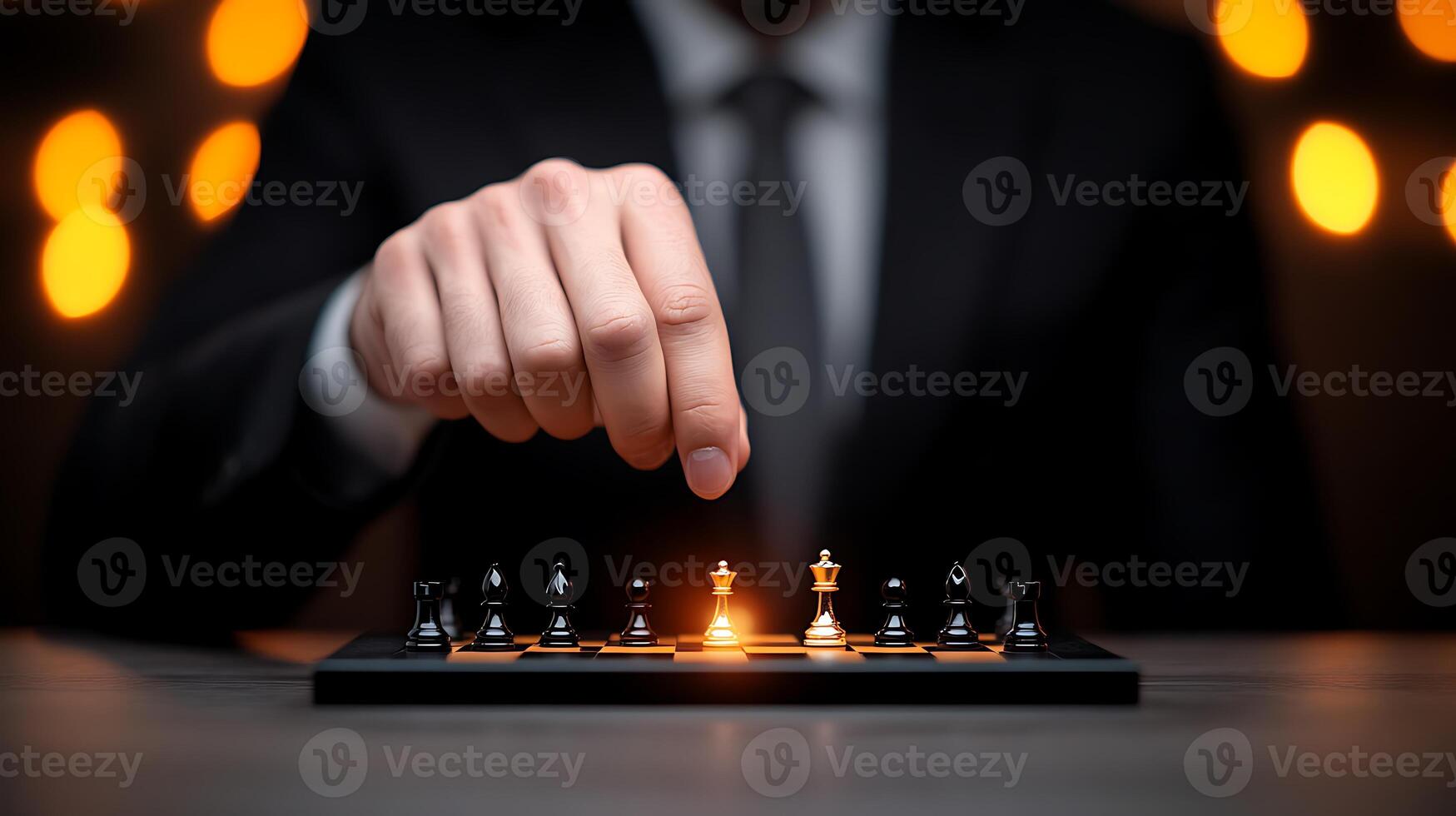A focused individual in a suit strategically moves a chess piece, illuminated by soft background lights photo
