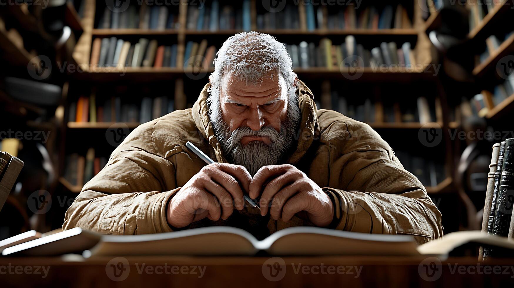 A focused elder man in a cozy library, deeply engaged in writing notes from an ancient book photo