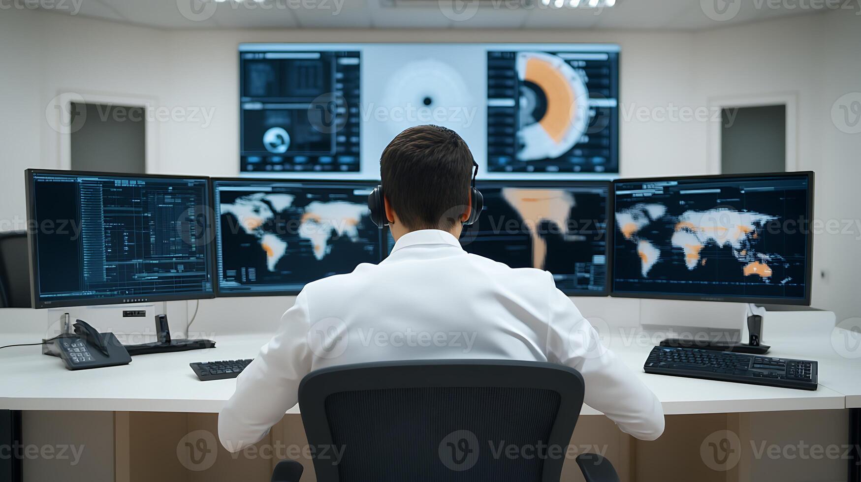 A focused analyst monitors global data trends in a modern control room with multiple screens photo