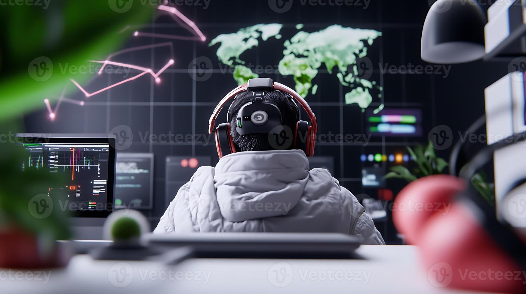 A focused individual in a high-tech environment analyzing global data trends on multiple screens photo