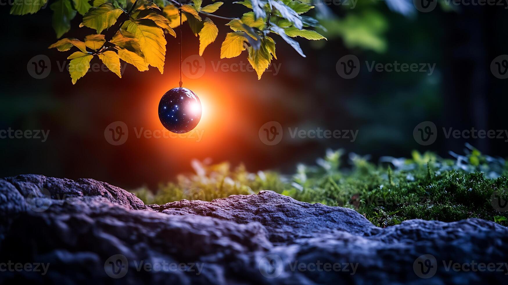 A glowing orb suspended from a tree branch in a serene forest setting at dusk photo