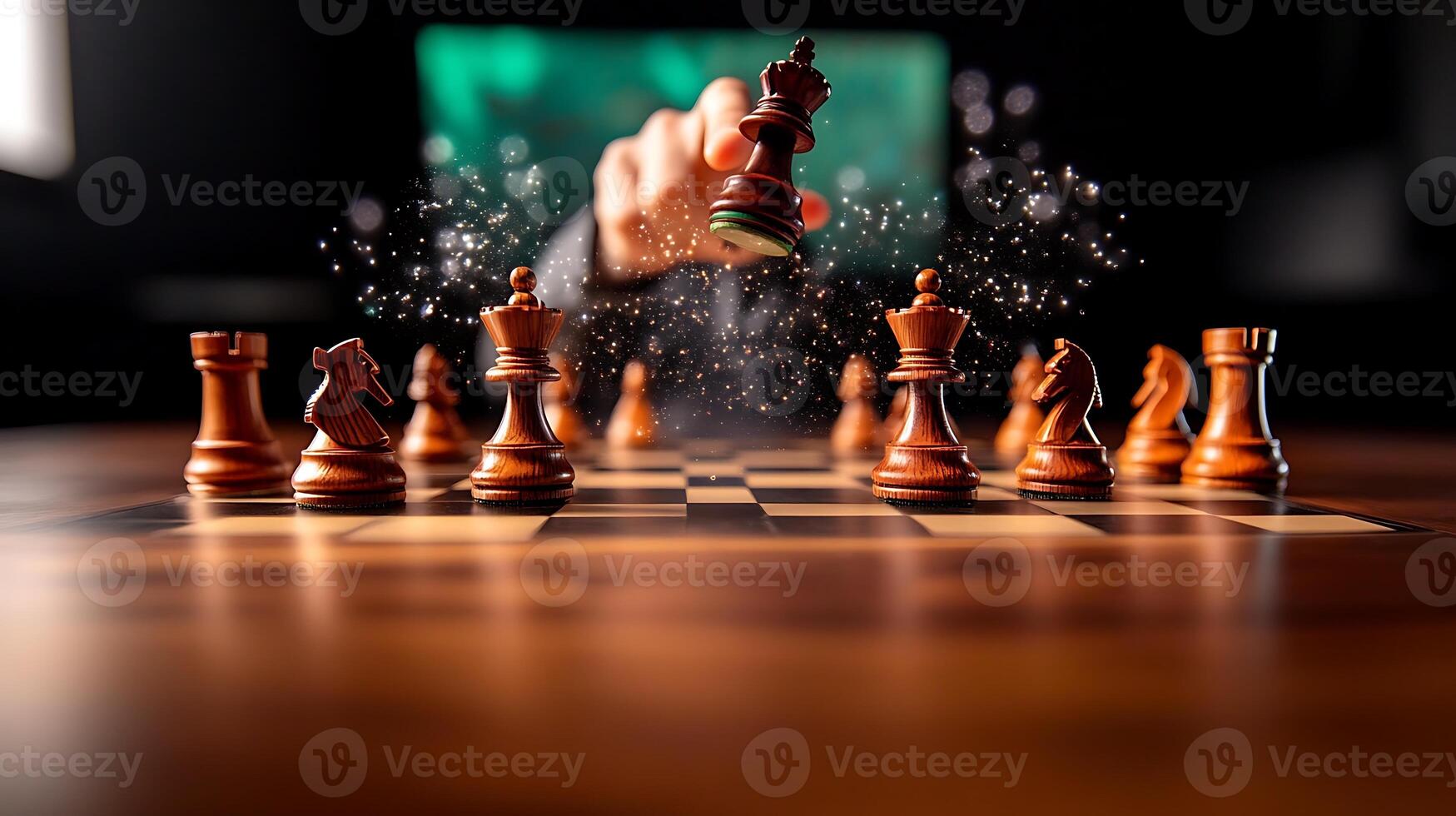 A hand strategically moves a chess piece on a wooden board, with a blurred digital background photo