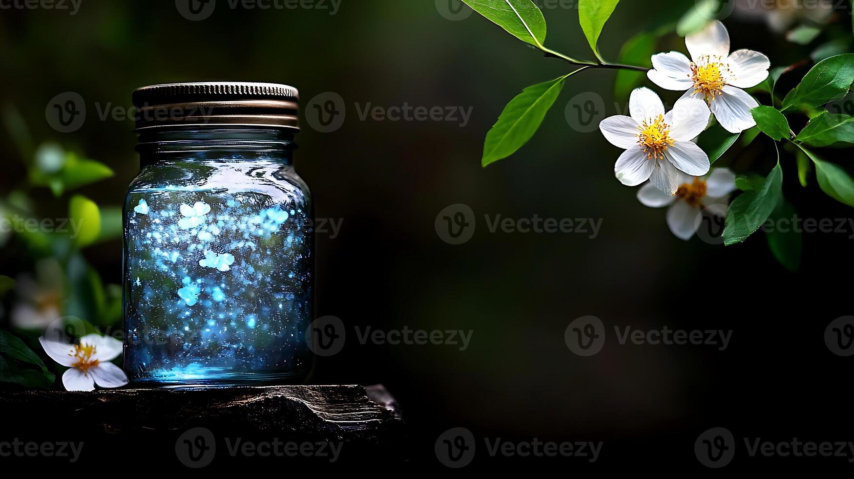 A glowing jar filled with shimmering particles placed on a wooden surface beside blooming flowers, evoking a magical ambiance photo