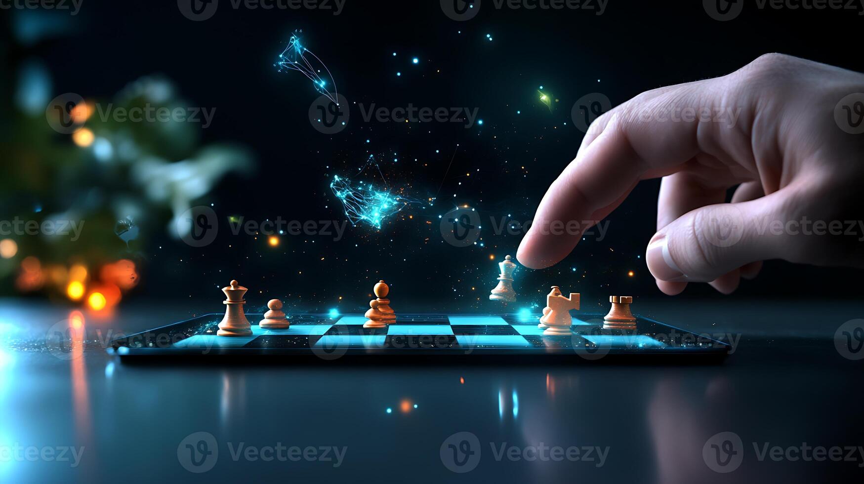 A hand moves a chess piece on a digital board, with glowing effects and a soft bokeh background photo