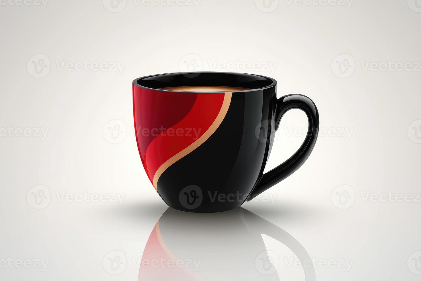 Stylish black and red coffee mug on reflective surface photo