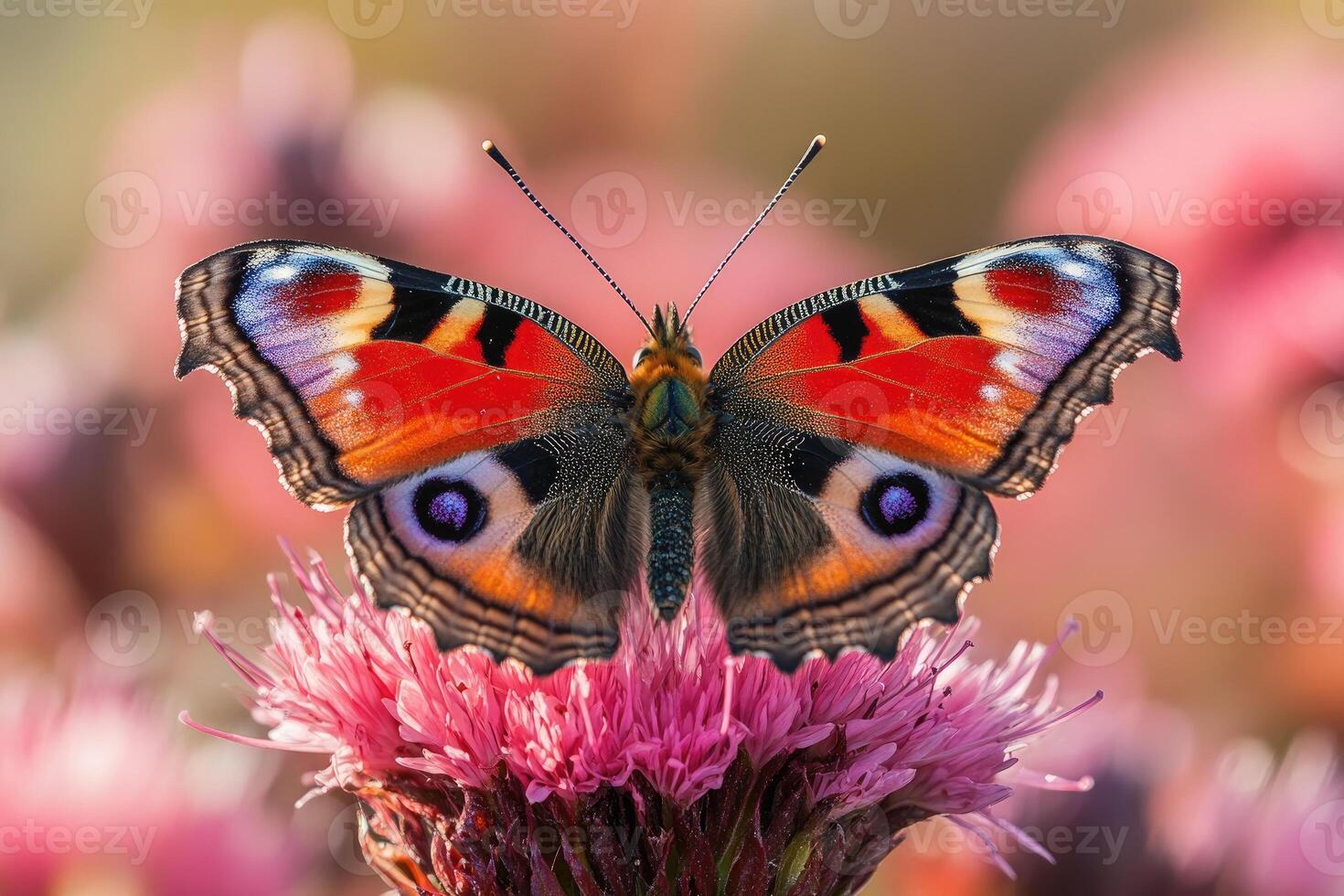 Vibrant peacock butterfly resting on pink flower photo
