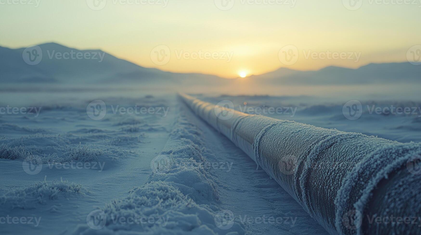 Frozen gas pipeline stretching across snowy landscape at sunrise photo